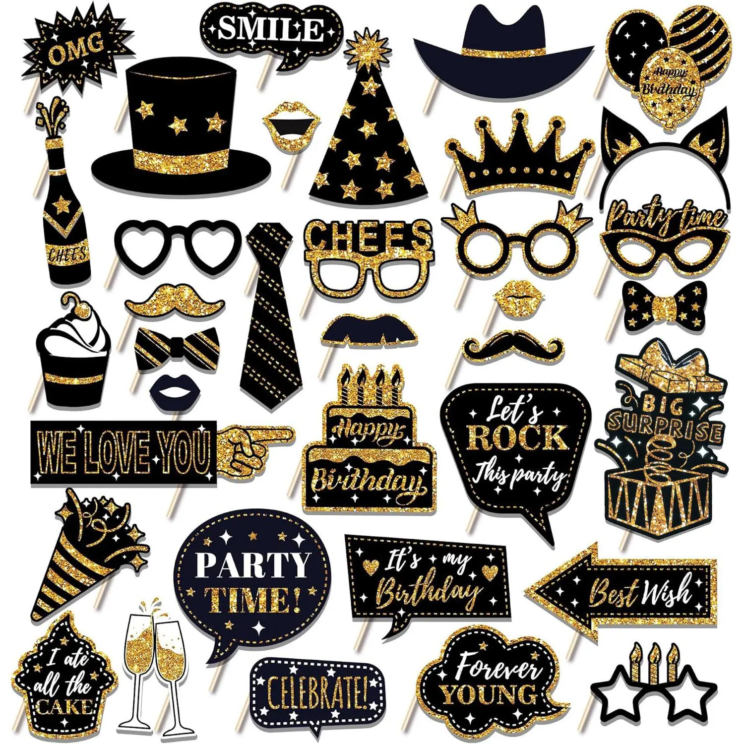 36PCS Birthday Photo Booth Props Kit, Graduation Party Set, Gold Black Party Decorations, Funny Selfie Accessories with Hats, Glasses, Masks, Signs for Birthday, New Year Eve, Wedding, Graduation Celebration Supplies