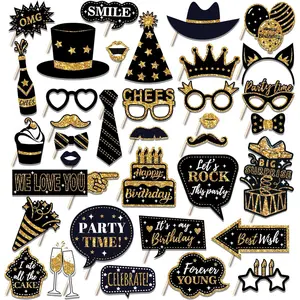36PCS Birthday Photo Booth Props Kit, Gold Black Party Decorations, Funny Selfie Accessories with Hats Glasses Signs for Birthday, New Year Eve, Wedding, Graduation Celebration Supplies
