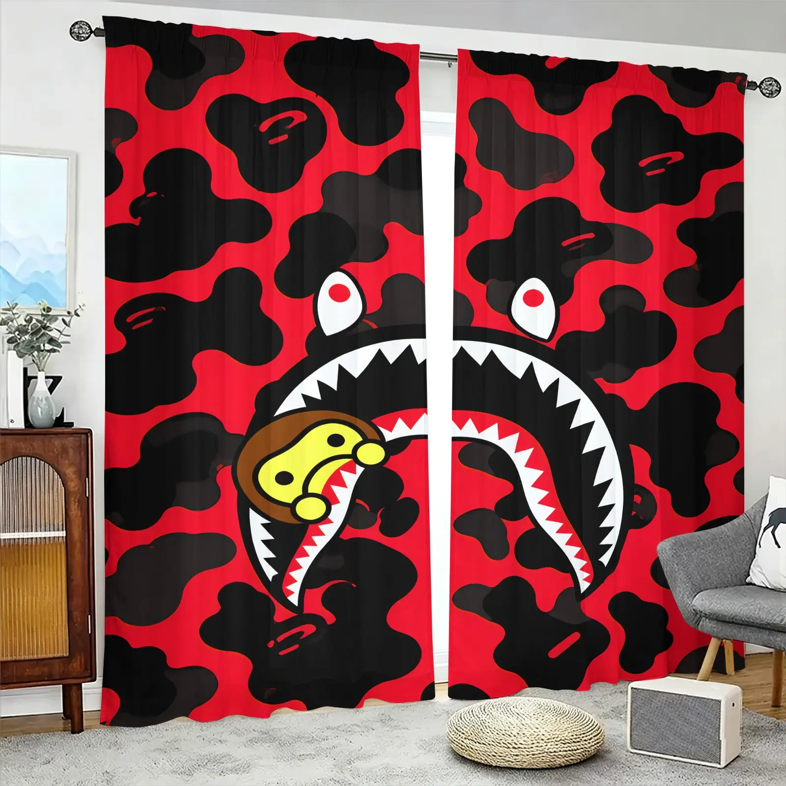 Red Black Camouflage Shark Mouth Cartoon Monkey Decorative Curtains, 2-Panel Rod Pocket No Drilling Installation, Sunscreen Noise Reduction, Hip Hop Trendy Toy Style Drapes, Teen Bedroom Dorm Gaming Room Decor