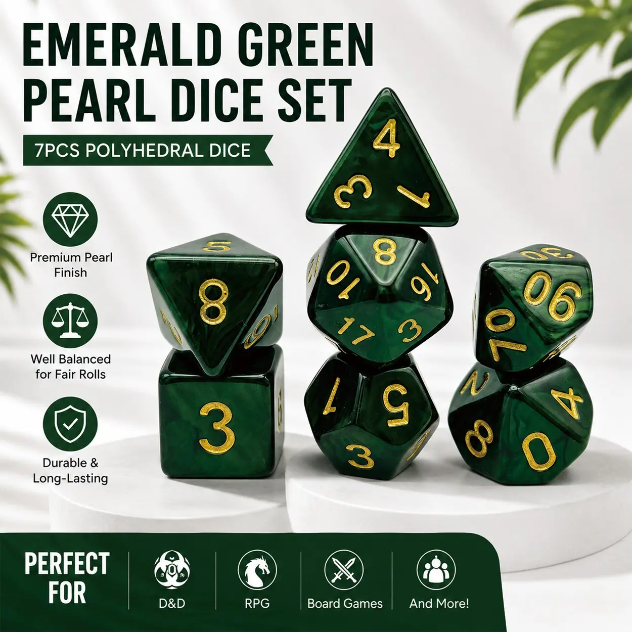 7 Deep Jade Turbulent Polyhedral Dice Set, Luxury Ink Numbers Dnd Dice, Unique Collection Board Game Dice