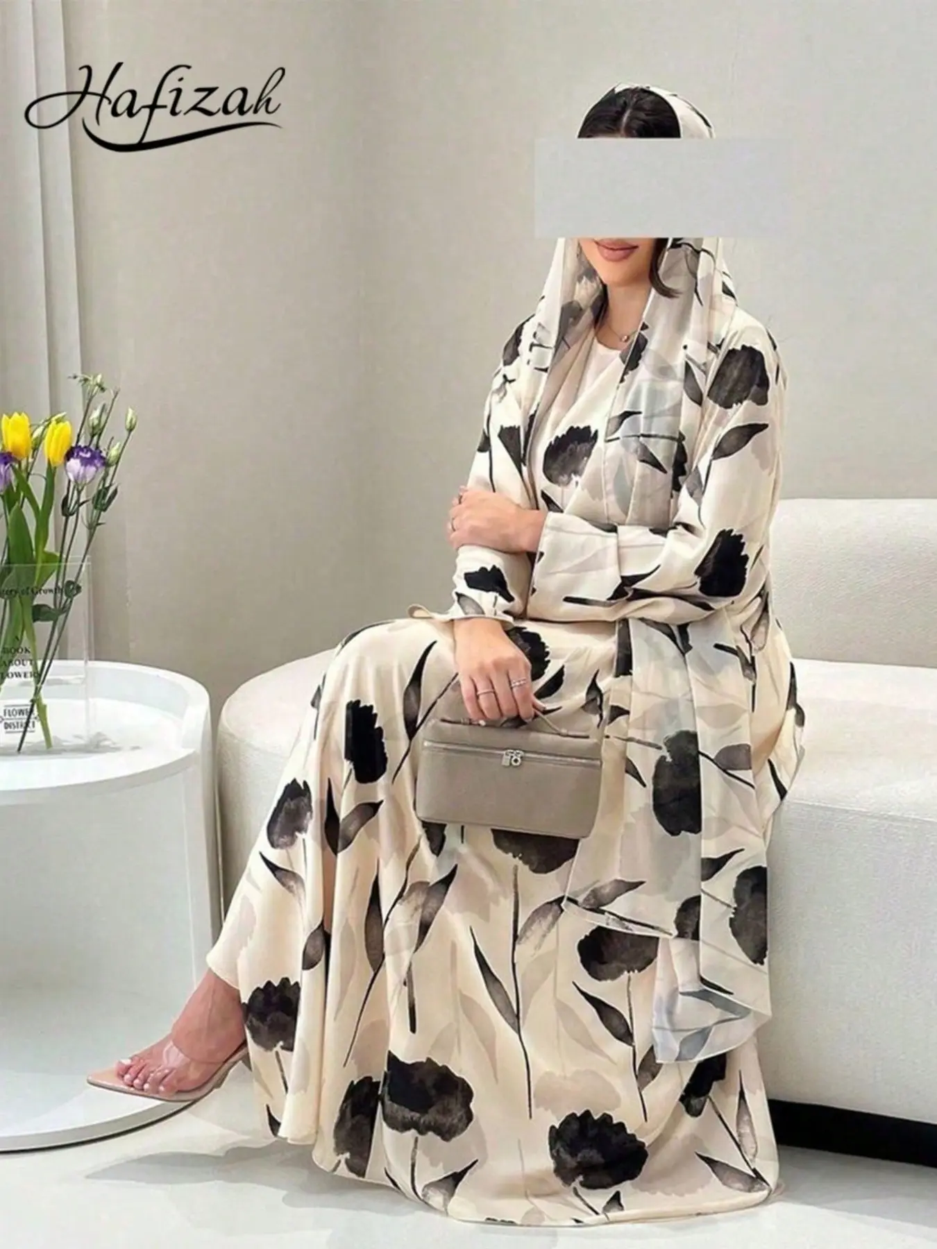 Hafizah Women's Floral Print Long Cardigan Matching Set with Scarf, Loose-Fit Outerwear Clothes for All Seasons, Elegant Casual Fashion