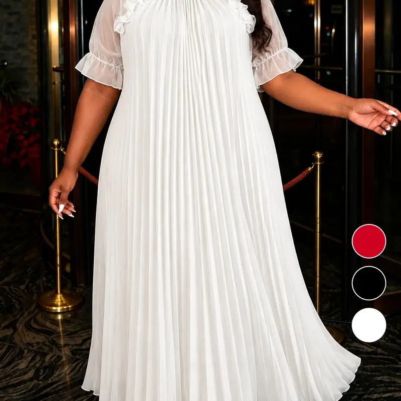 AOMEI Plus Size Women Pleated Loose Long Dress Ruffled Collar Puff Short Sleeve Casual Office Wedding Guest Church Spring Summer Outfits Wedding Guest Dresses