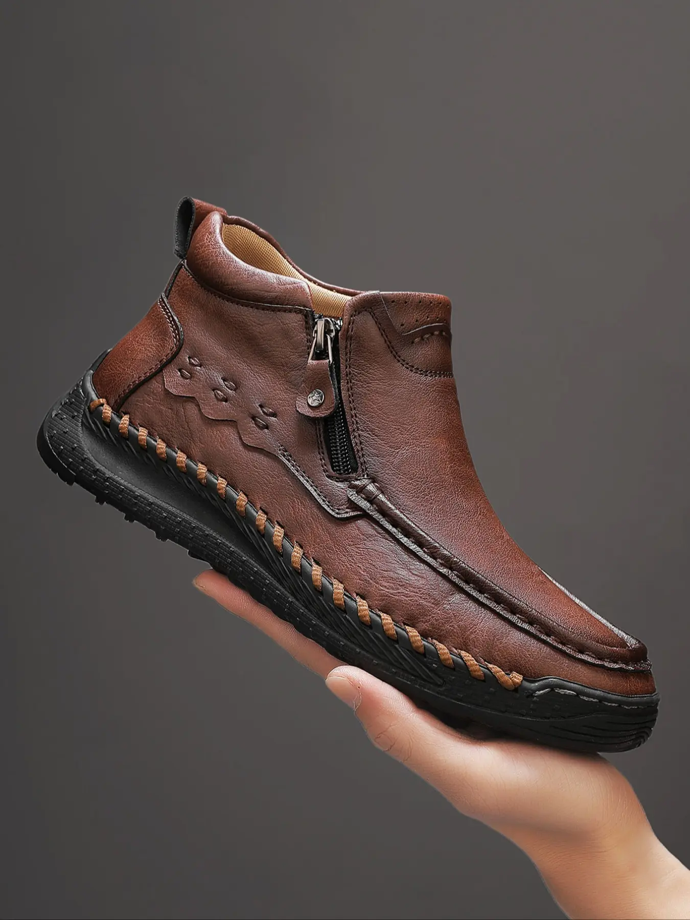 Men's Handmade Mid-Height Outdoor Casual Shoes, Fashionable Simple Color Classic Side Zipper Design, Comfortable Breathable Rubber Sole