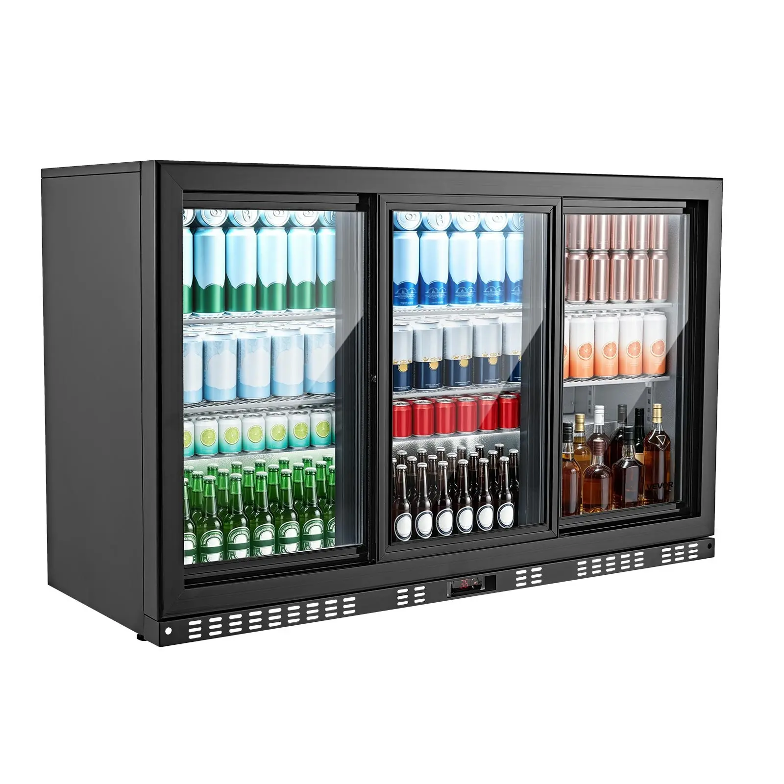 VEVOR 11.4 Cu.Ft 115V Commercial Back Bar Cooler, Under Counter Beer Fridge with 3 Sliding Low-E Glass Doors, Fan Cooling, LED Lighting, Shelves for Bar, Store Drink Display, Sliding Doors