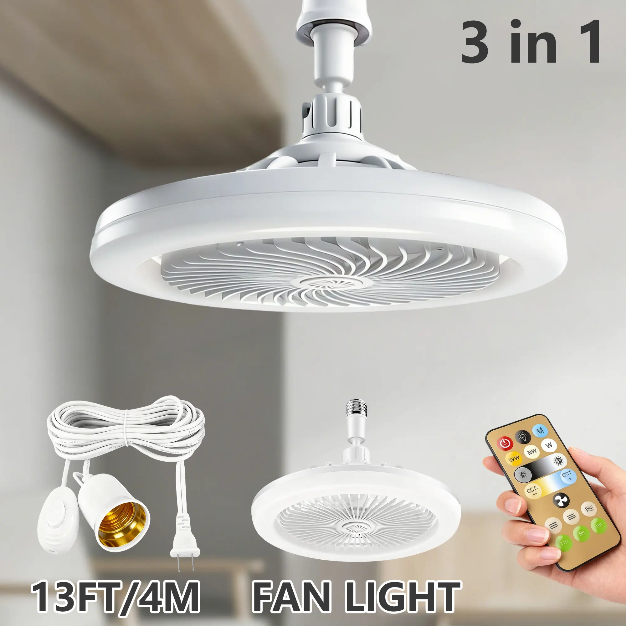Ceiling Fan Light + E27 Socket Extension Cable Set, Home Indoor Bedroom Living Room Lighting Fixture Accessories Kit, Complete Set