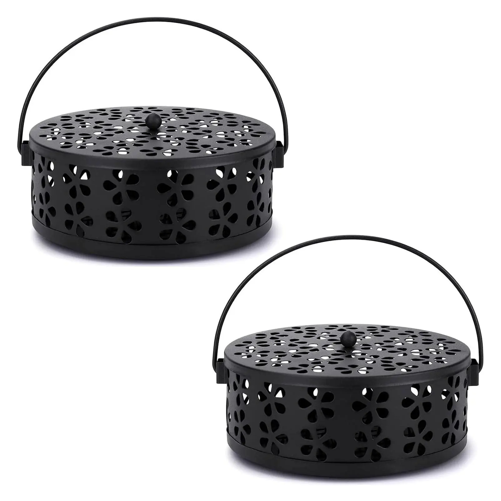 2-Pack Portable Metal Citronella Mosquito Coil Holder with Lid - Round Spiral Incense Burner, BlackGift