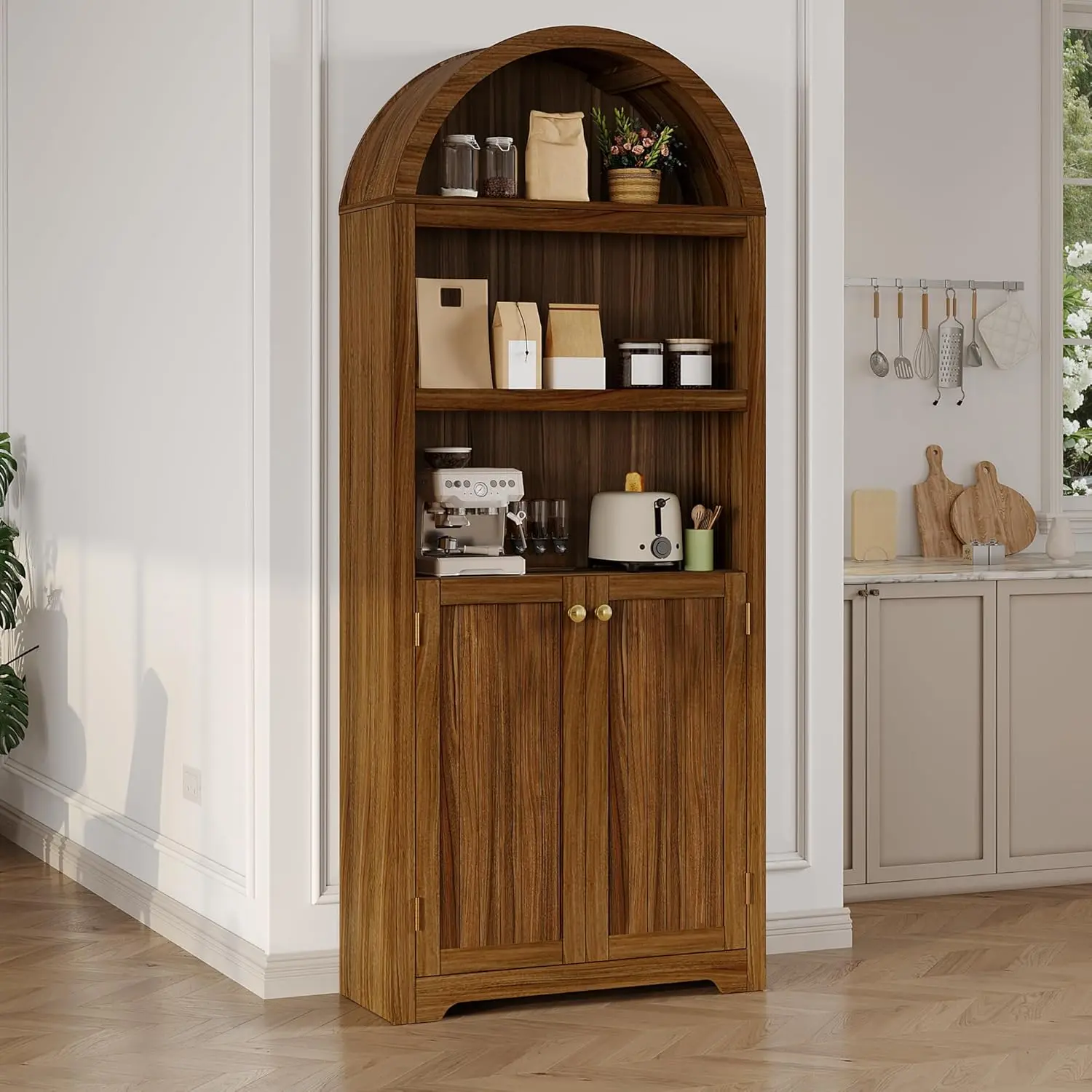 Gaomon Arched Bookcase with Double Doors, 5 Tier Arched Storage Cabinet with Adjustable Shelves & Metal Handles, Freestanding Bookshelf for Living Room Study Home Office 30''x12''x72''