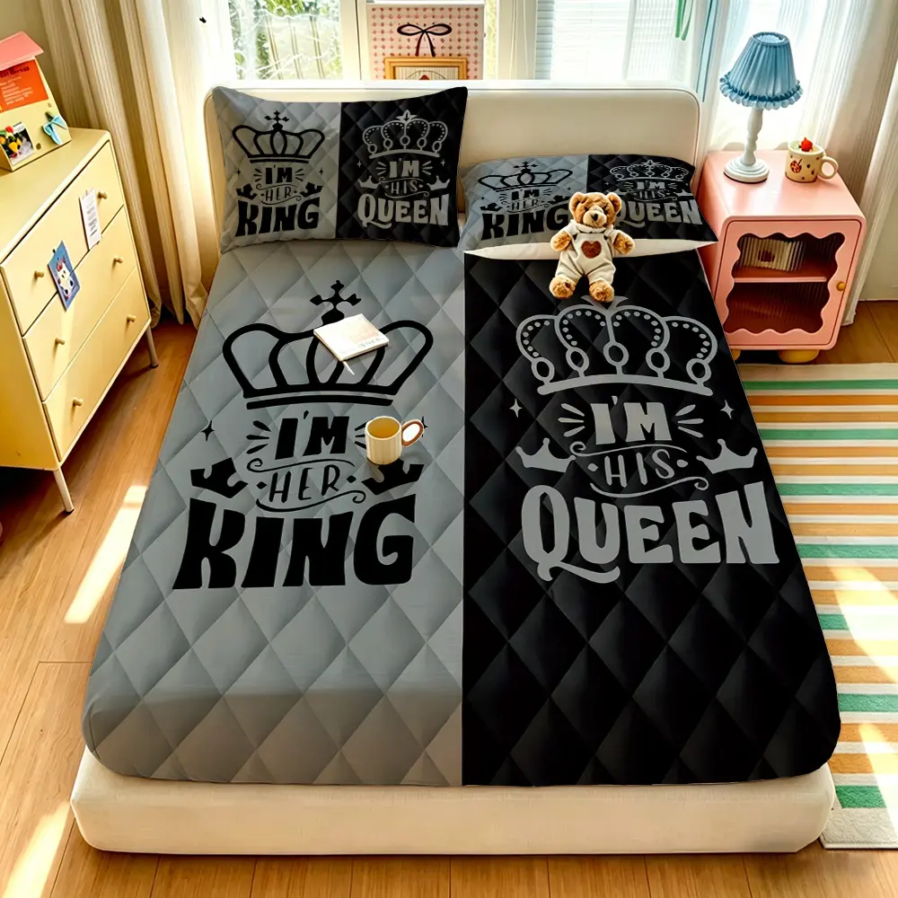 3PCS Crown KING QUEEN Slogan Print Fitted Sheet Set, 1 Fitted Sheet & 2 Pillowcases, No Insert, Soft Comfortable Print Bedding, Deep Pocket Design, Suitable for All Rooms