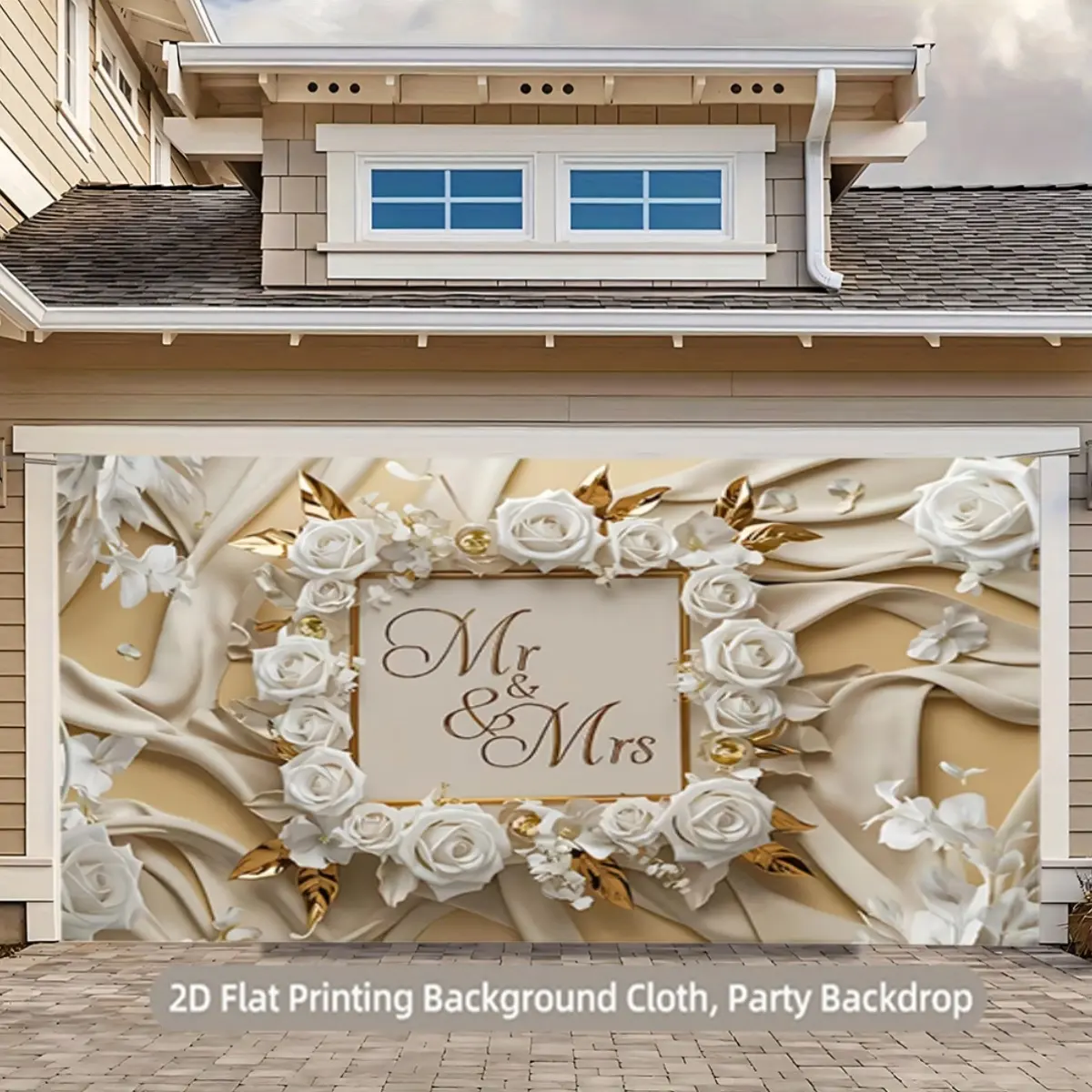 Wedding Backdrop Banner - 1-Piece Luxury Polyester 2D Flat Fabric, Elegant Mr & Mrs Design with White Roses & Gold Accents, Satin Curtains for Bridal Events, Couple Anniversary & Birthday Indoor Photo Backdrops