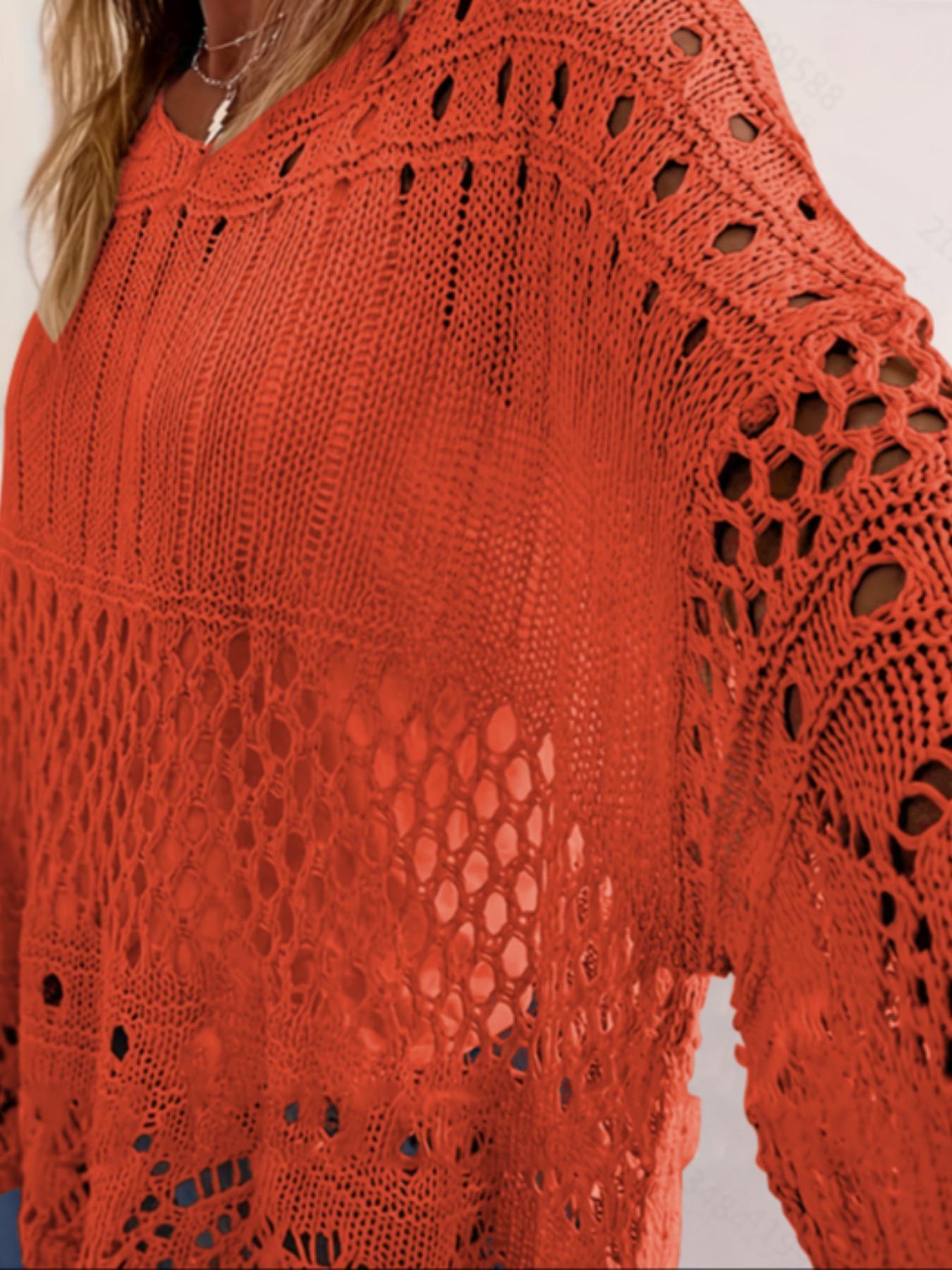 Women's Plus Size Fall Winter Hollow Out Round Neck Knit Top, Casual Elegant Vacation Style, Loose Batwing Shoulders, Long Sleeve Knitwear