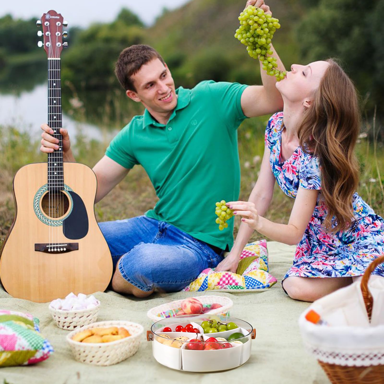 Divided Serving Tray with Lid and Handle, Stackable Snackle Box Container for Fruits Candy Organizer, Portable Spinning Rounded Veggie Tray for Kitchen, Party, Trave and Picnic, White 1 Pack