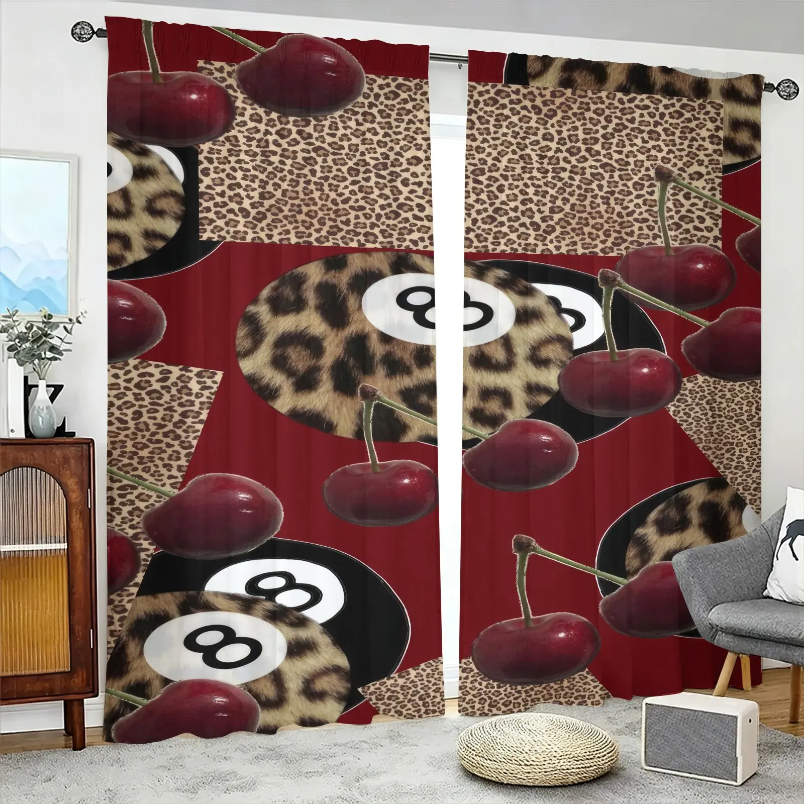 2pcs Leopard Print Red Cherry 8 Ball Billiards Pattern Splicing Printed Decor Curtains, Semi Transparent To Protect Privacy, Fade Resistant, Hand And Machine Washable, Pole Bag Hanging,Suitable For Teenage Rooms, Men'S Leisure Rooms, Bar Home Decor
