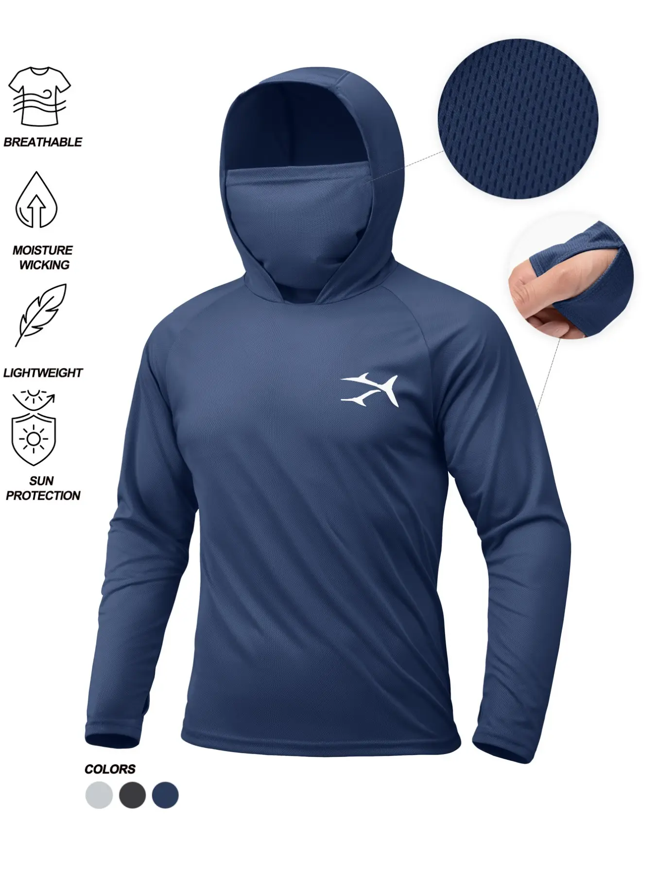 Men's Outdoor Sun Protection Fishing Shirt, Hooded Face Mask Long Sleeve Quick-Dry Dry Fit Performance T-Shirt, Breathable Upf Lightweight Sports Top