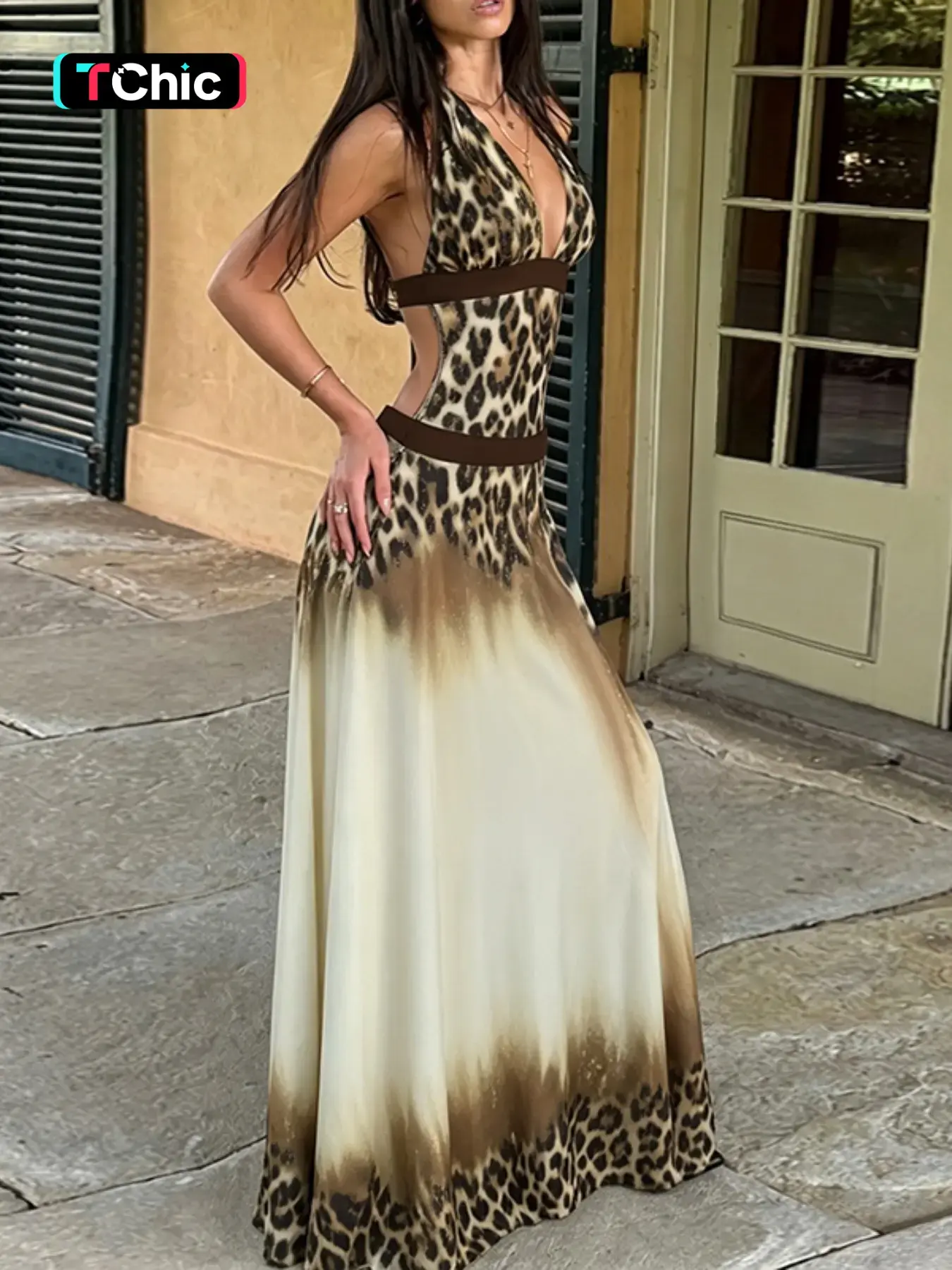 Deep V Print Vacation A-Line Dress, Elegant Summer Maxi Dress, Perfect for Beach & Poolside, Comfortable & Stylish Design