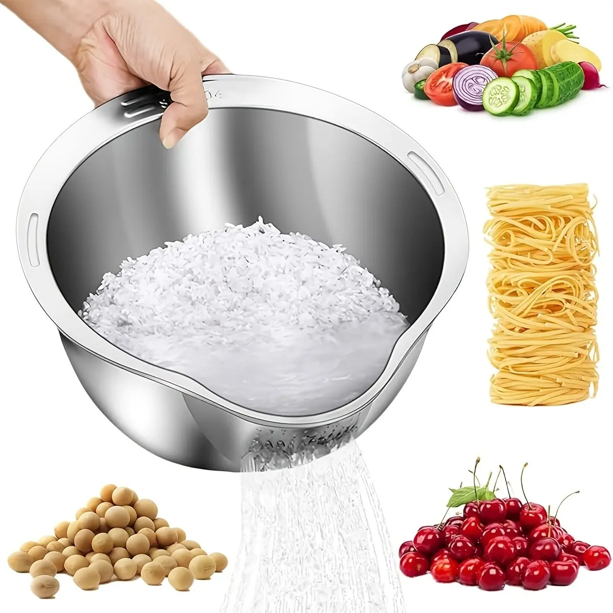 Rice Washer Strainer Bowl - 4-in-1 Washing Bowl for Quinoa, Stainless Steel Rinser with Side Drainers Small Colander for Cleaning Fruits, Vegetables, And Beans - Versatile Kitchen Tool,  Compact Design, Rustresistant Material, Meal Preppers, Busy