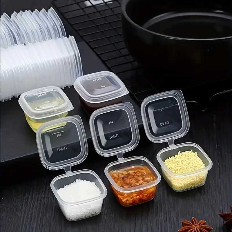 Multi-Use Leakproof Sauce Cups with Hinged Lids – Clear, Square, Durable Plastic Disposable Containers for Food and Craft Storage