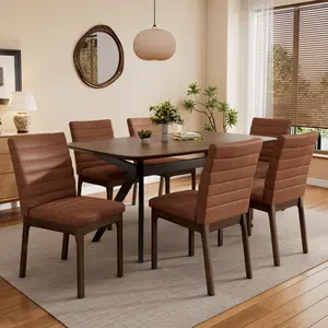 Aobtkel7-Pieces Upholstered Dining Set With Rubberwood Frame,Cognac Brown+Walnut+Black White Large Glass Door Wardrobe room table space-saving kitchen