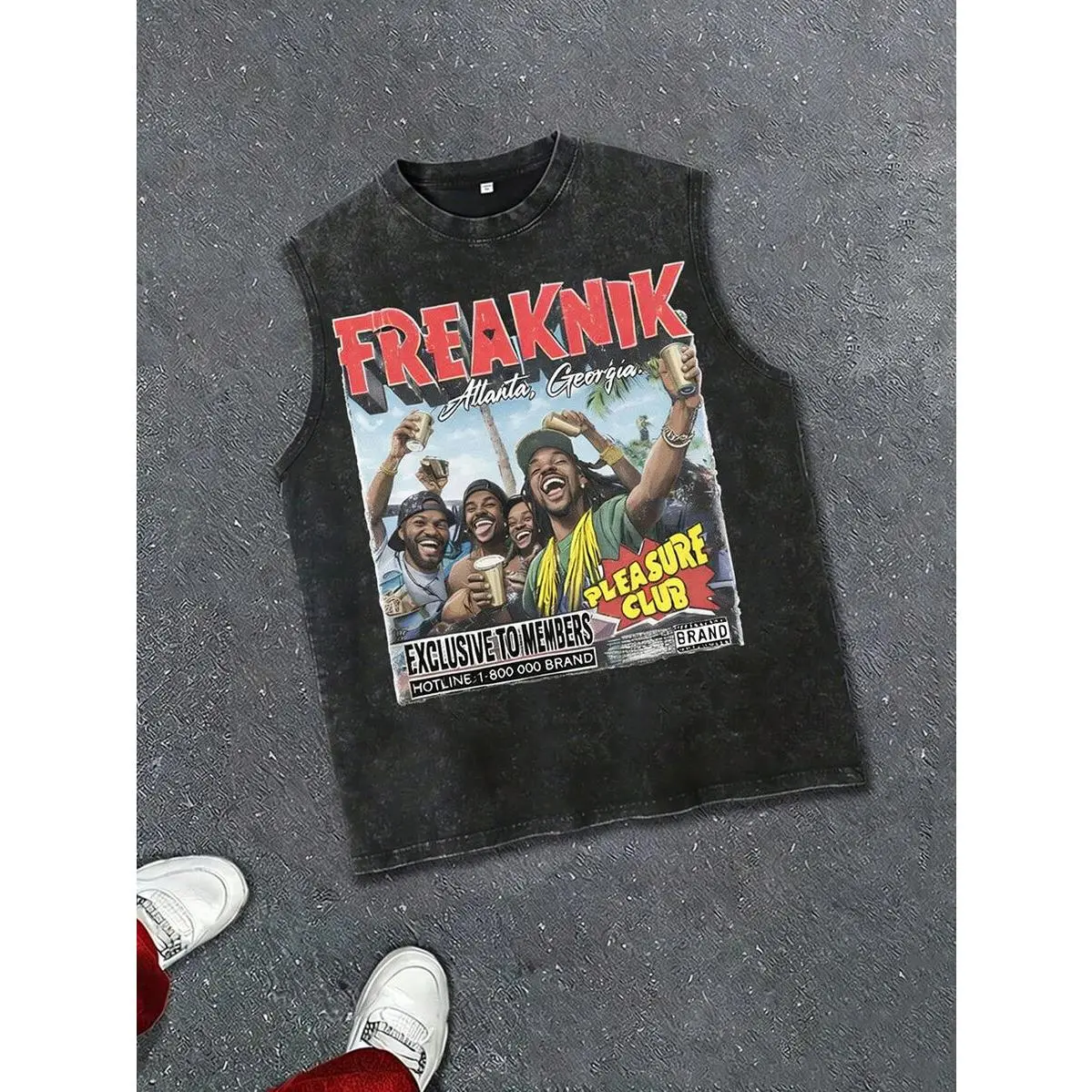 Women's Vintage Washed Freaknik Atlanta Georgia Pleasure Club Hip Hop Cotton Blend Oversized Cut Loose-Fitting Raw Sleeveless Tank Top - Unisex, Outdoors, Black Nostalgia, Versatile Casual Daily Outfit, Machine Wash, Street