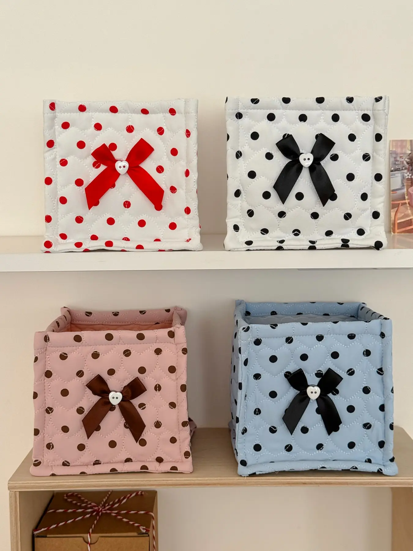 Large Polka Dot Bow Square Quilted Storage Basket, Fabric Desktop Organizer for Cosmetics, Underwear, Miscellaneous Items, Daily Organization, Versatile Storage Basket