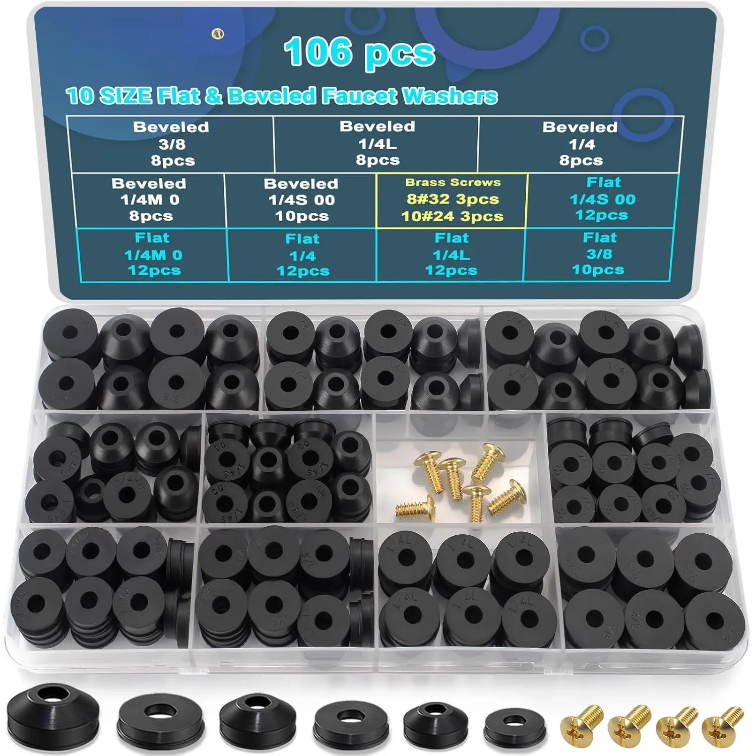 106-Count 10-Size Size-Marked Faucet Washer Repair Kit with Brass Screws, Flat & Beveled Oil-Resistant Rubber Washers for DIY Users’ Outdoor Faucet Leaks, Stem & Worn Seal Fixes