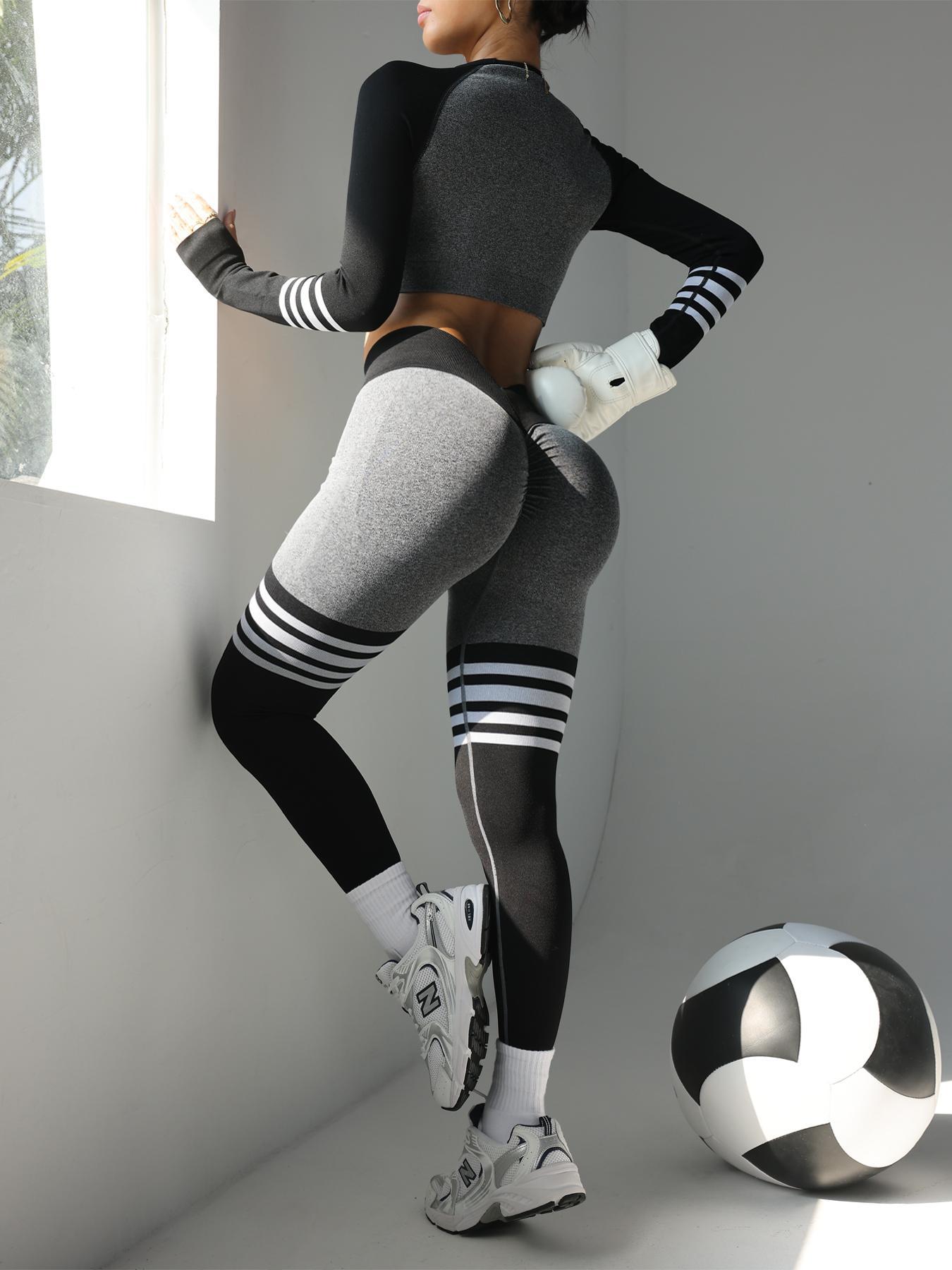 Sporty Women's Striped Print Sports Top & High Waist Leggings Tracksuit Set, Athletic Fashion Activewear, Sport Comfy Breathable Outfits for Yoga Gym Workout Running, Ladies Sportswear for All Seasons