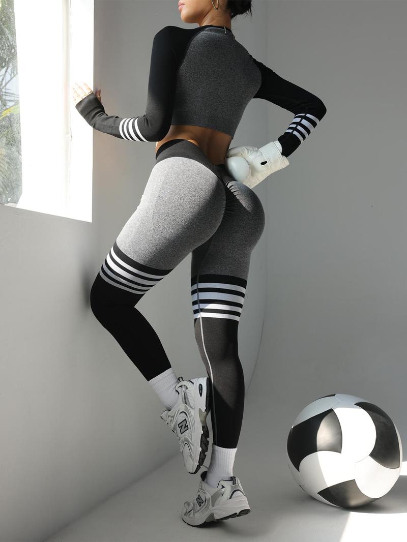 Sporty Women's Striped Print Sports Top & High Waist Leggings Tracksuit Set, Athletic Fashion Activewear, Sport Comfy Breathable Outfits for Yoga Gym Workout Running, Ladies Sportswear for All Seasons