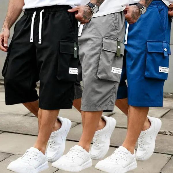 3 Pack Men’s Cargo Shorts, 7/8 Length, Summer Drawstring Waist, Large Pockets, Letter Patch Details, Fashionable Casual Athletic Shorts,father'sdaygifts