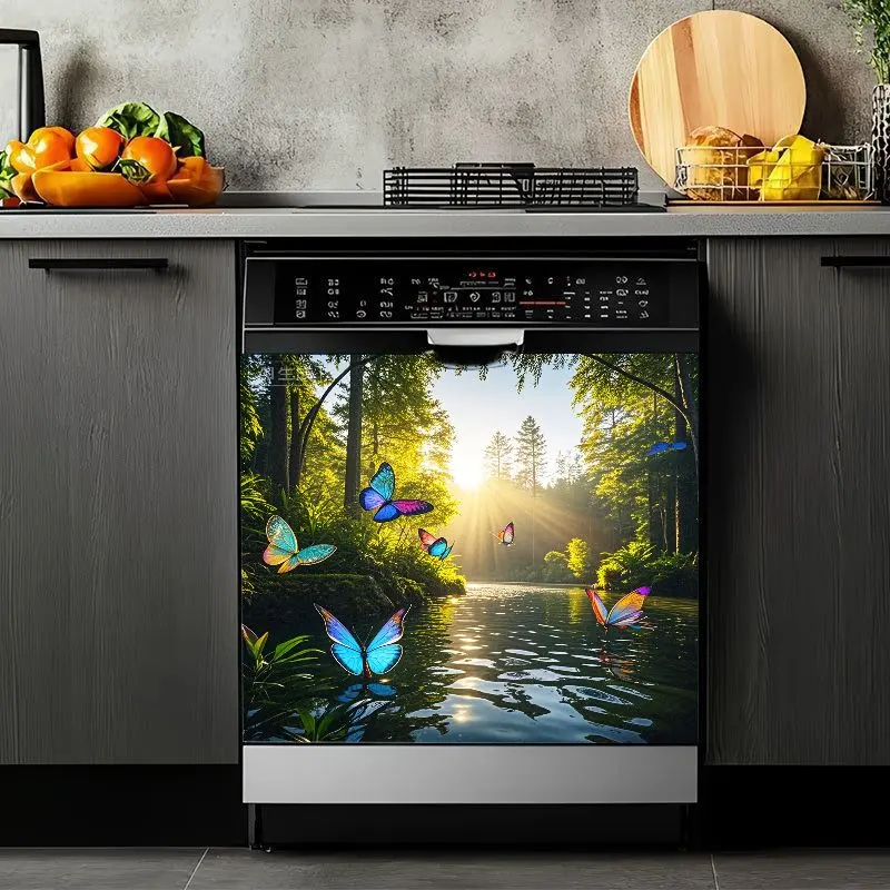 2D Flat 2Pcs Kitchen Appliance Dishwasher Sticker Butterfly Forest Design Waterproof Self-Adhesive Vinyl Decal Modern Nature Scene Decorative Cover Sunlight Water Scenery Removable Washable Household Home Decor Colorful Decoration for