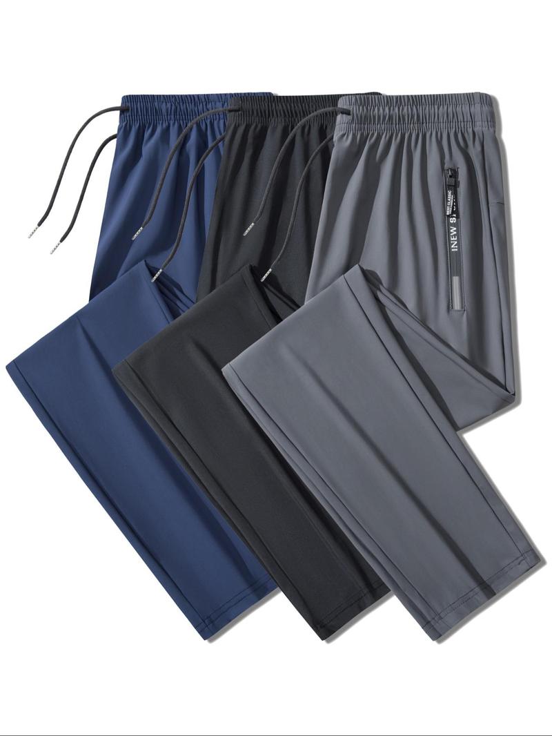 Men's Solid Zipper Pocket Pants, Regular Fit Casual Comfy Breathable Elastic Waist Trousers for Outdoor Activities, Breathable Athletic Bottoms, Men's Bottoms for Summer