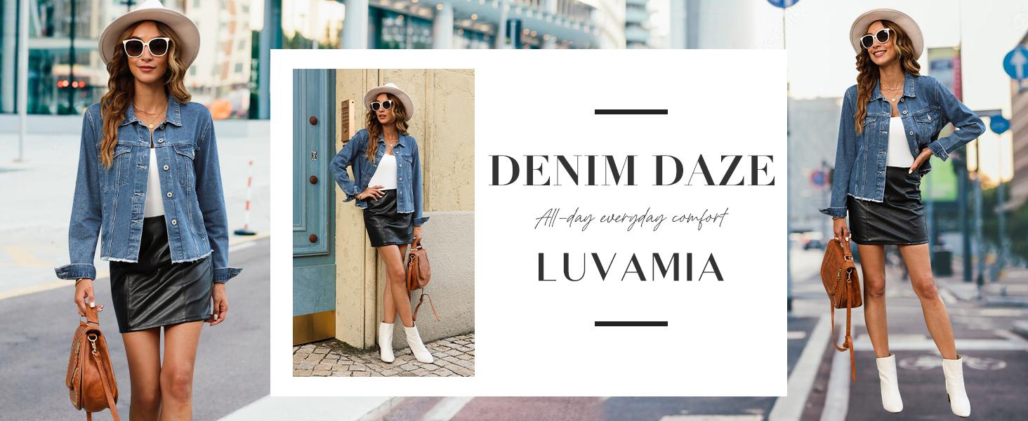 Luvamia Women's Denim Jacket Distressed Jean Button Up Vintage Western Trucker Frayed Hem Pockets Casual Coats Collared Long Sleeves Soft Denim Material Outerwear Luvamia Women's Denim Jacket Distressed Jean Button Up Vintage Western Trucker Frayed Hem Pockets Casual Coats Collared Long Sleeves Soft Denim Material Outerwear