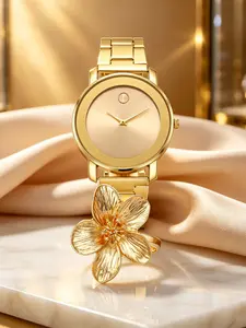 2pcs Elegant Steel Band Women's Quartz Watch & Flower Ring Set, Perfect Gift for Holidays and Special Occasions