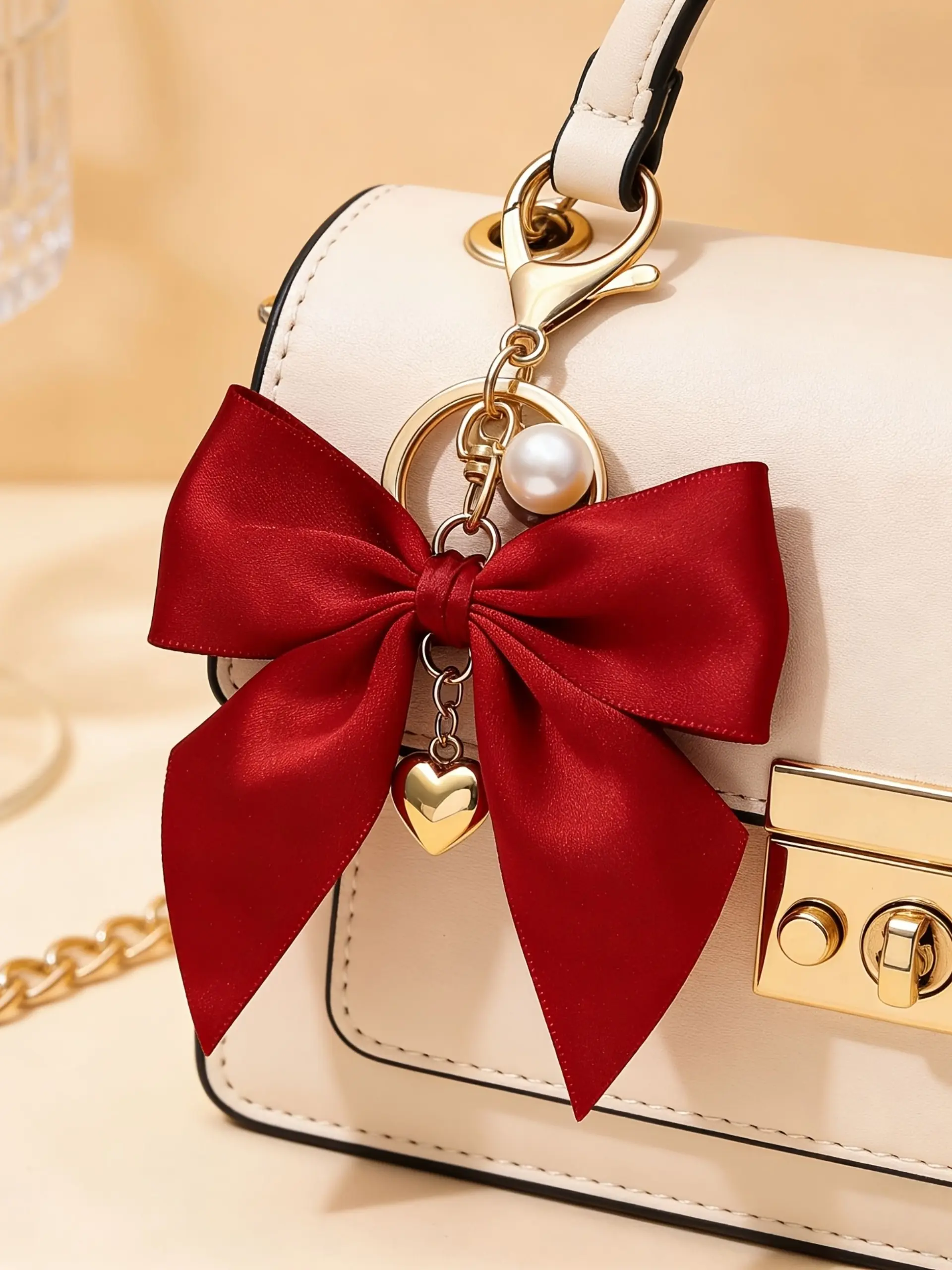 Coquette Fabric Satin Bow Keychain with Faux Pearl & Gold Heart Charm Ribbon Bow Bag Charm Pearl Heart Keyring Lobster Clasp Bowknot Travel Keychain Purse Pendant Aesthetic Ribbon Bow Key Chain for Handbag Backpack Car Accessory Birthday Valentine Gift