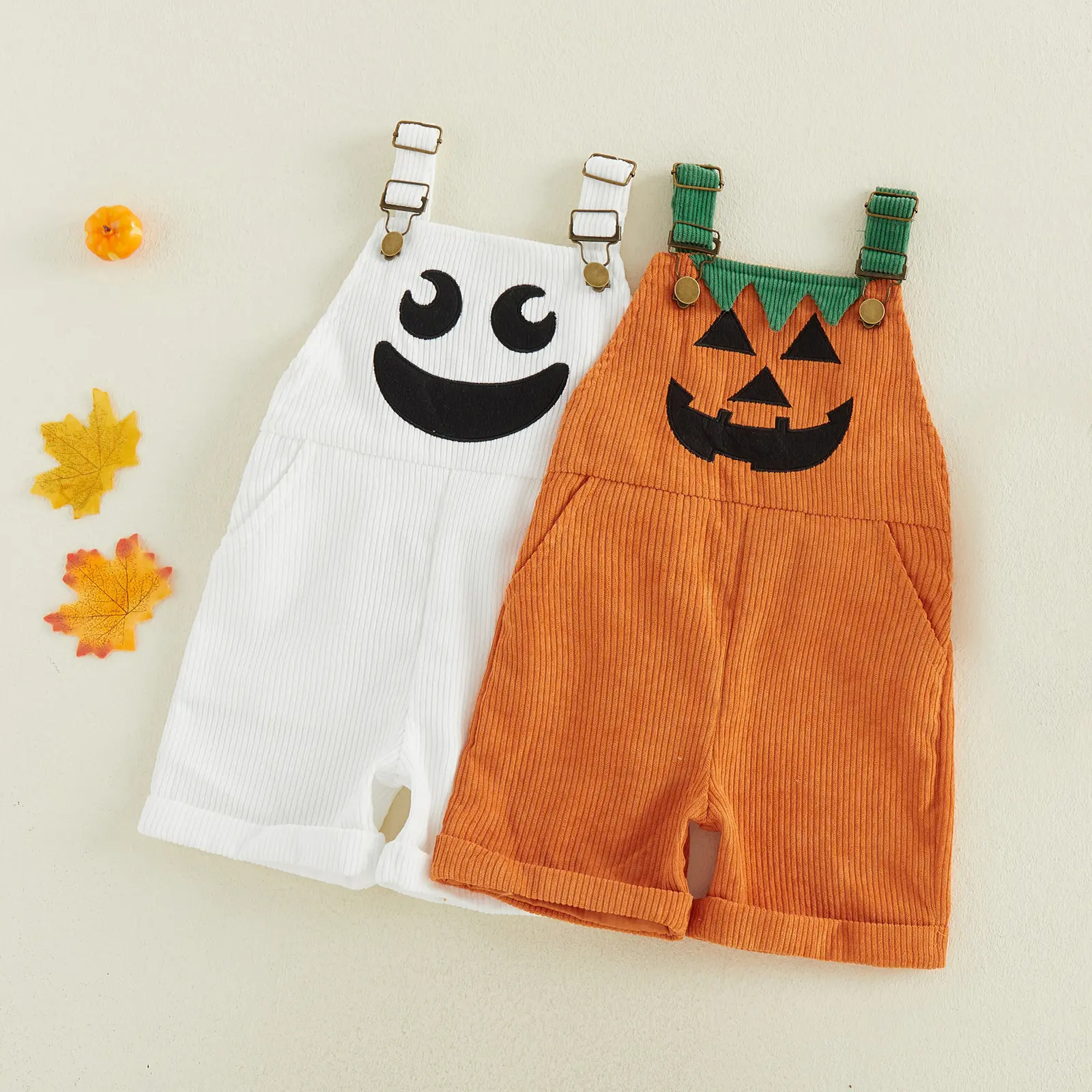 Toddler Baby Boy Halloween Overalls with Pockets Ribbed Devil Face Pattern Sleeveless Jumpsuit
