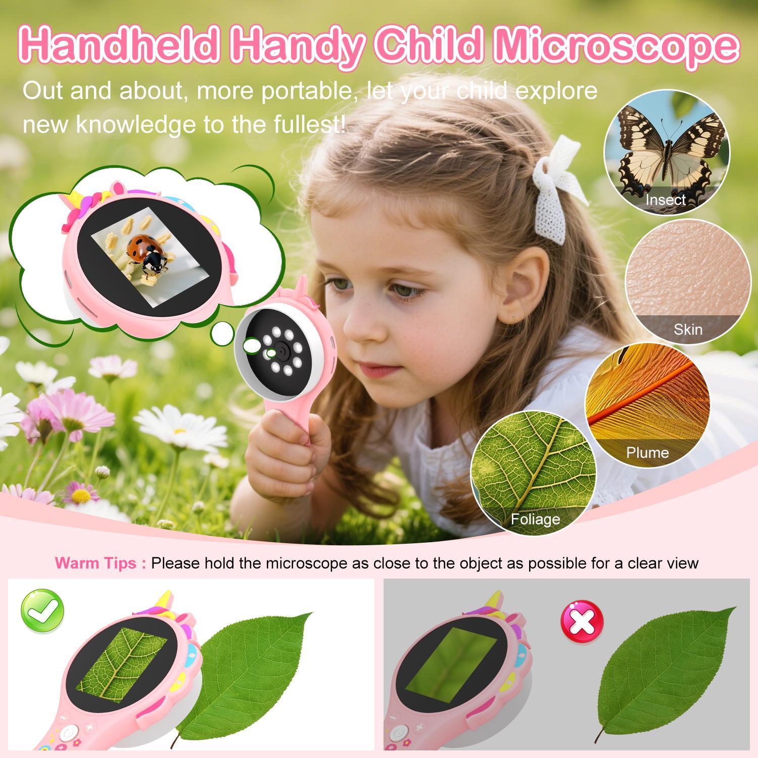 Digital Microscope Camera, Mini Pocket Handheld Camera with 2" Screen, 500X Zoom, 8LED Lights, Macro Lens, Birthday Gift for Students