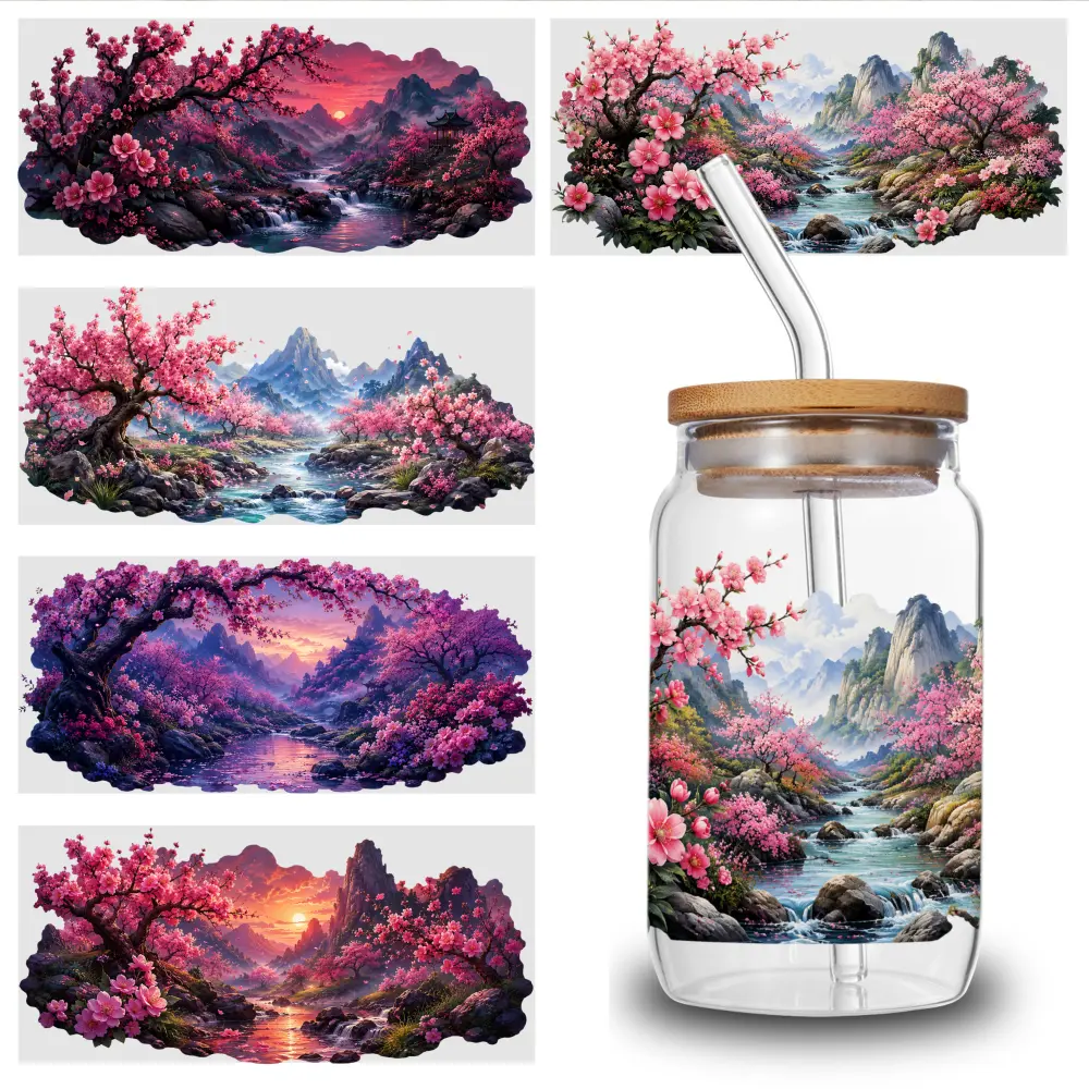5-Sheet Pack Cherry Blossom Landscape Art UV DTF Decal Stickers, 9.4x4.3 in Scratch-Resistant Vibrant-Color Easy-Application Transfer Paper for 16oz Glass Cups, Mugs