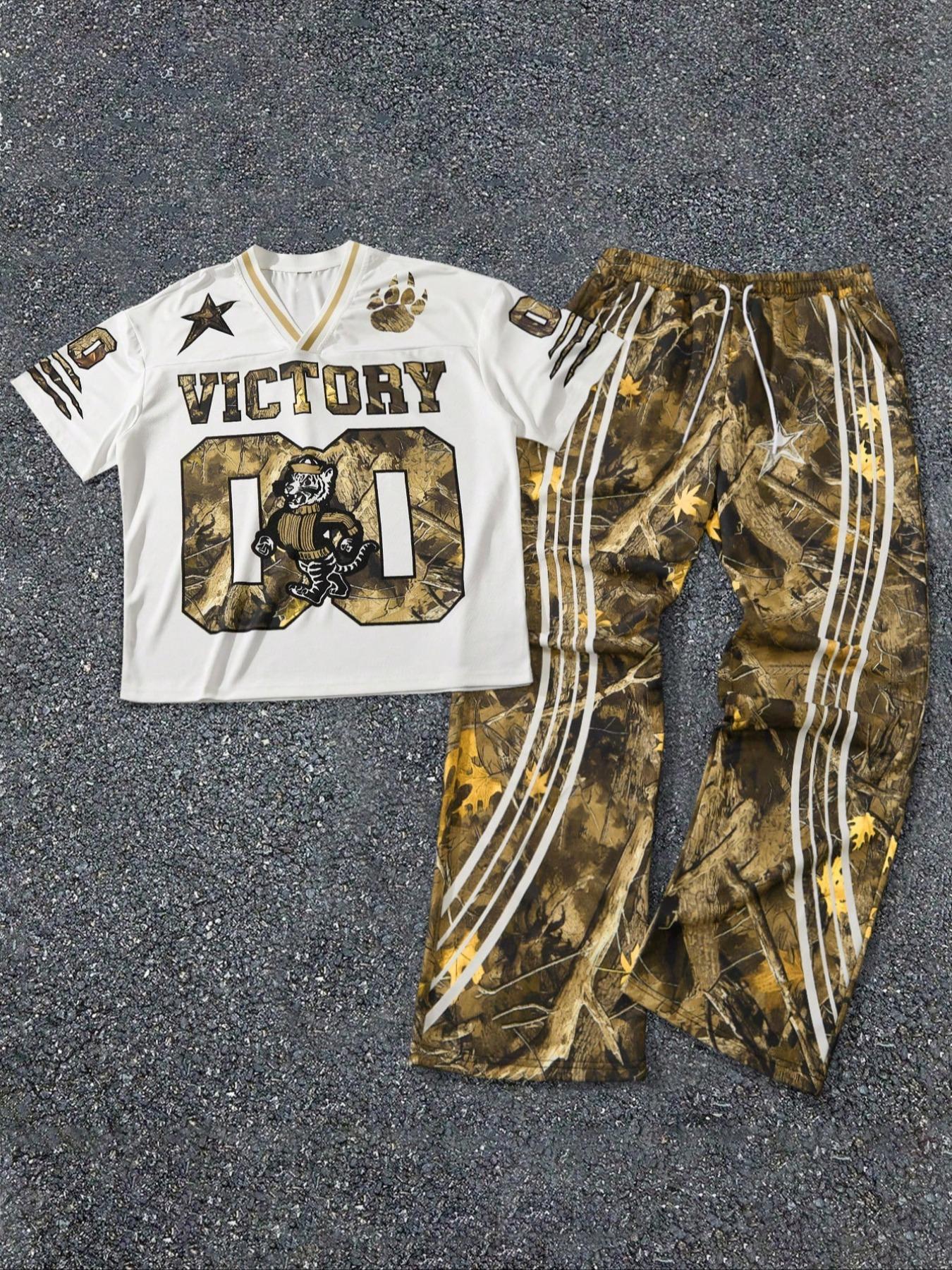 Men's Letter & Star Print Tee & Striped Trim Pants Pyjama Two-piece Set, Men's Sleepwear for Summer