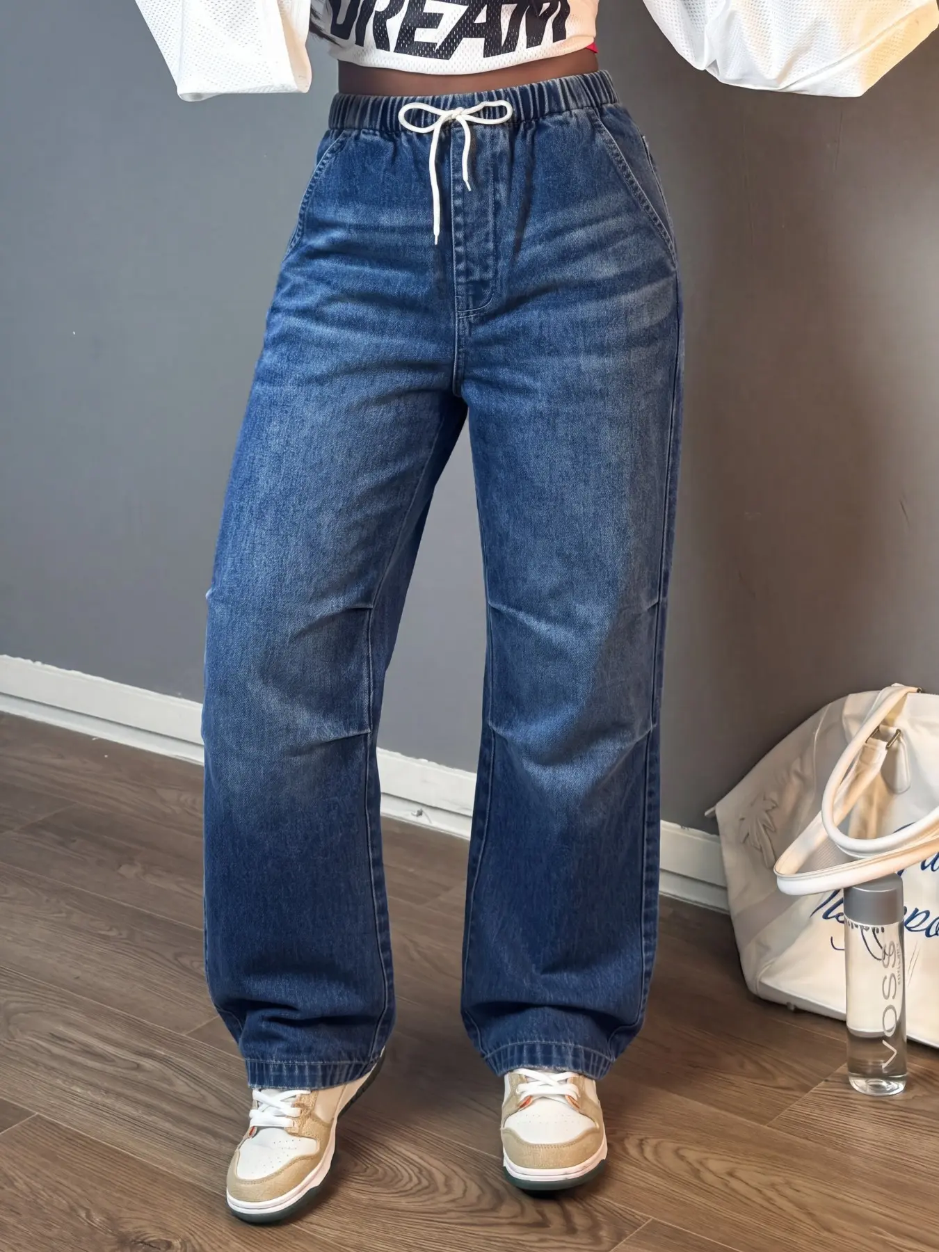 Women's Vacation Style Drawstring Vintage Washed Pleated Jeans, Fashionable Comfortable Daily Wear, Trendy Design, Casual Button Fly Closure