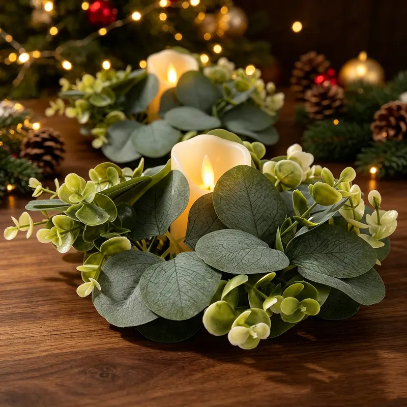 2 pieces of artificial eucalyptus wreath candle holders in a pastoral country style, evergreen, full, eco-friendly and durable, suitable for home, shop, dining table, window display, party, outdoor wedding decoration, and as a Christmas gift