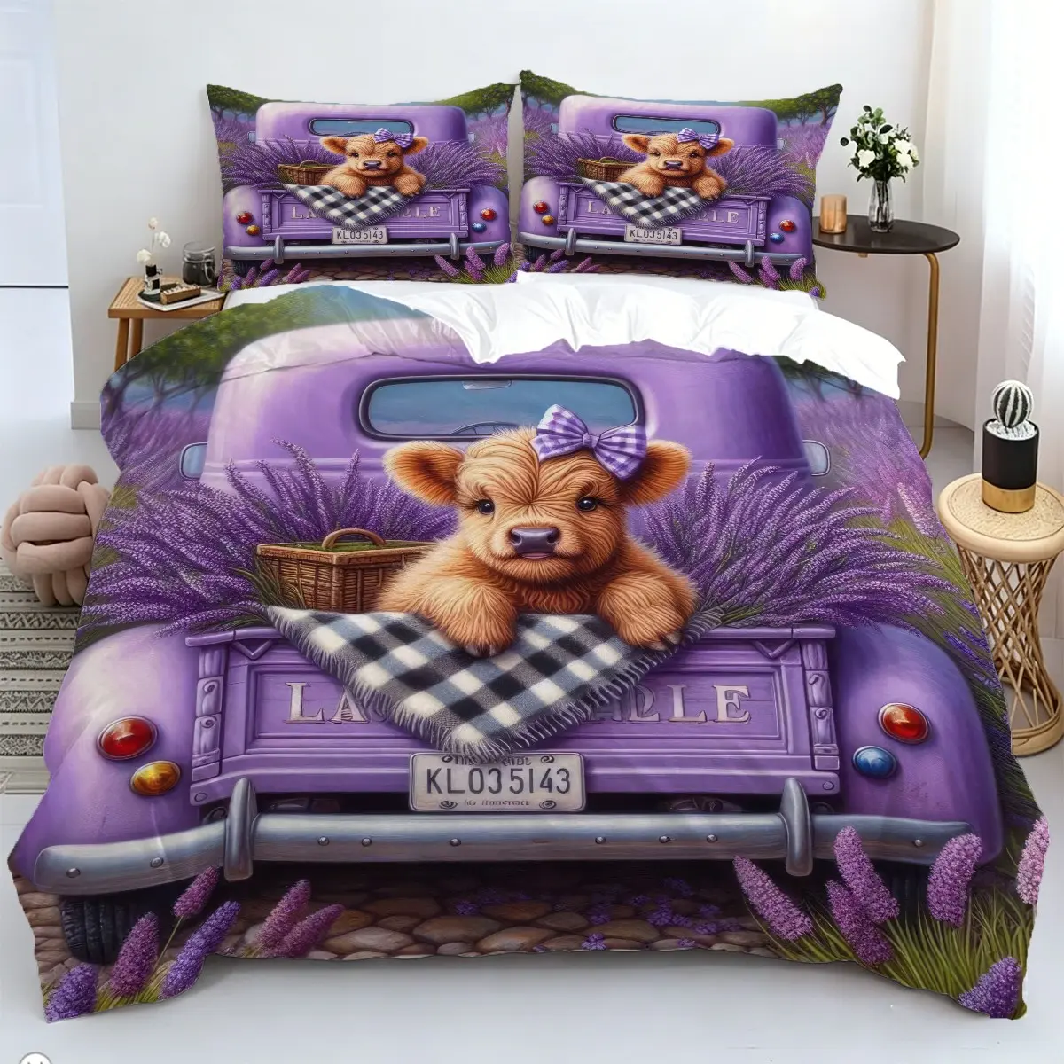 2/3Pcs Highland Cow Pattern Duvet Cover Set, Purple Lavender Bedding Set, Theme Bedding Set, Breathable Duvet Set, Farmhouse Rustic Home Decor, Ideal Gift Highland Cow Lovers, 1 or 2 Pillowcase - No Filling/Zipper Closure