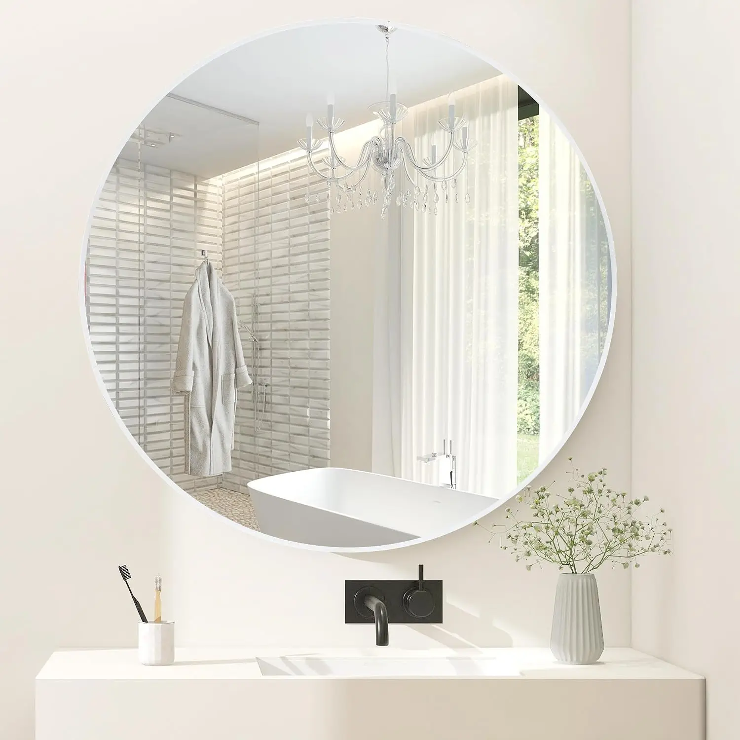 White Round Bathroom  Mirror 30 Inch | Minimalist Thin Frame, Tempered Glass, Modern Decor for Bedroom, Living Room or Entryway
