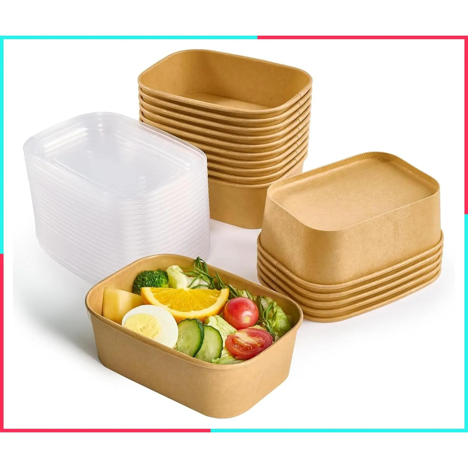 50 Pack 25 oz Brown Disposable Rectangular Paper Food Containers with Lids - To Go Meal Prep Bowls for Thanksgiving Christmas Parties