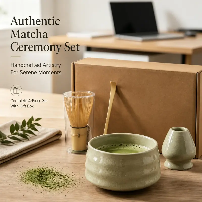 4 Piece Premium Matcha Tea Preparation Set Ceramic Matcha Bowl Bamboo Chasen Chashaku Whisk Stand Japanese Tea Ceremony Gift Box Japanese Tea Tools Matcha Kit Set