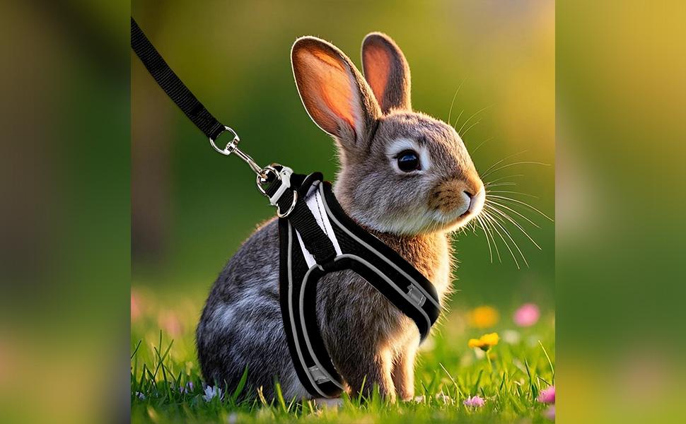 2 Pack Rabbit Harness and Leash Set, Double Buckle Bunnies Harness with Reflective Strips Soft Breathable Mesh Vest Harness for Rabbits Walks Accessories(Blue and Black)