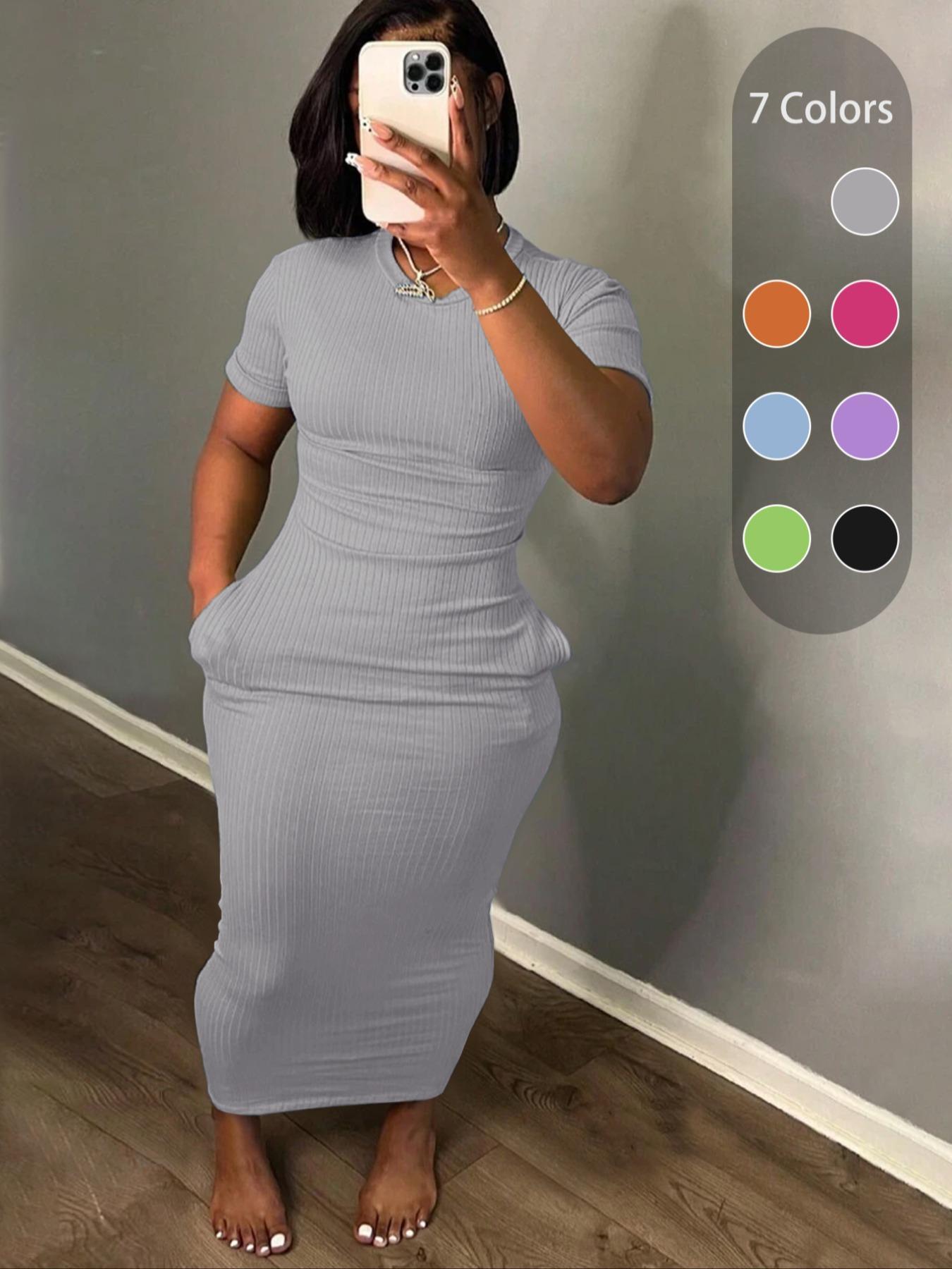 Plus Size Plain Pocket Round Neck Bodycon Fit Dress, Casual Short Sleeve Ribbed Long Dress for Summer, Women's Clothes for Daily Wear
