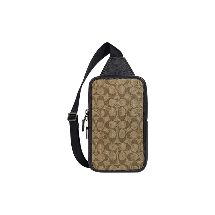 COACH Sullivan 16 Classic Monogram Zip-Top Crossbody Bag for Men – Small, Pebbled Leather and Coated Canvas, Khaki