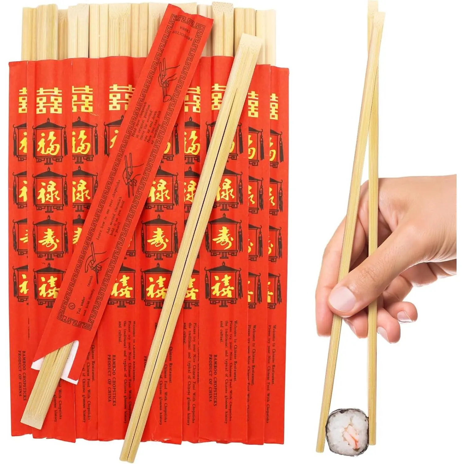 Disposable Bamboo Chopsticks - 9 in, 50 Pcs Red Paper-Wrapped Cutlery Tableware for Wedding, Private Dining