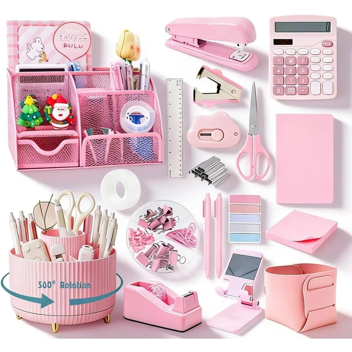 Cute Desk Organizer Set with 360° Rotating Pen Holder and Office Stationery Supplies, 360° Rotate
