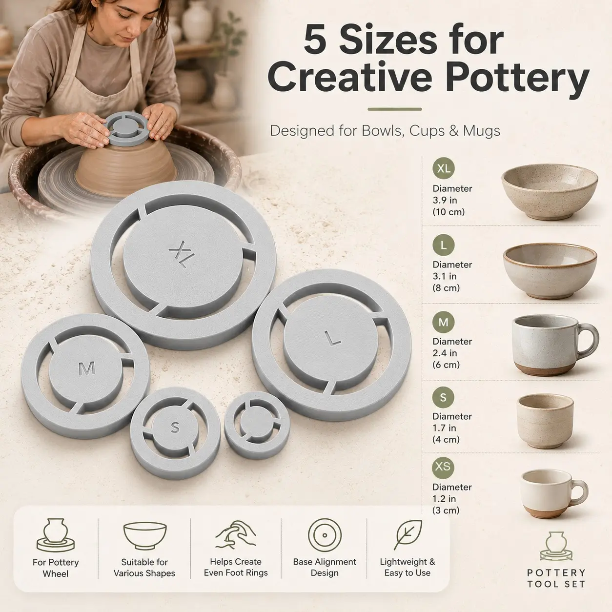 5 PCS Pottery Foot Ring Tool, Clay Base Aligner & Foot Molder Ceramic Tool Set, Even Foot Ring Template for Bowls Cups and Wheel Throwing DIY Pottery Projects for Beginners & Crafters