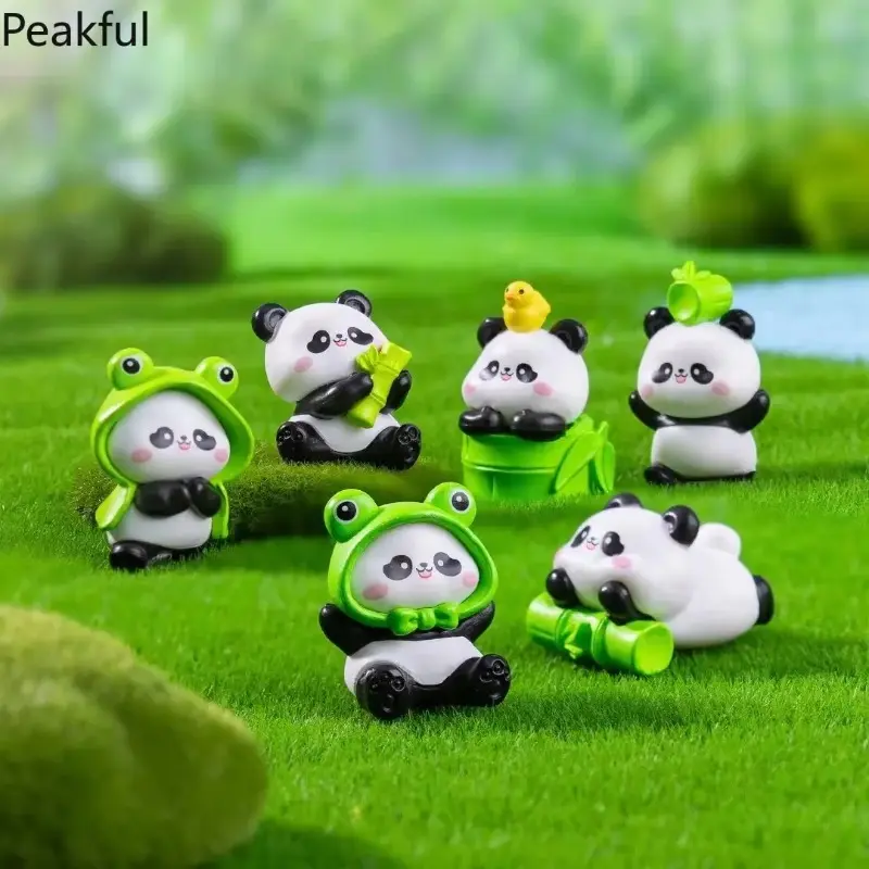 6PCS Cute Mini Panda Resin Figurines, Kawaii Animal Ornaments for Desk Garden Home Decor, Adorable Collectible Display Pieces