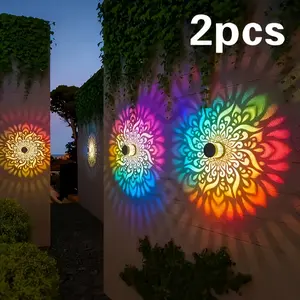 2 Pack Solar Wall Lights Outdoor Garden Lighting Color Changing Mandala Metal Hollow IP65 Waterproof Wall Lanterns for Garden Patio Fence Porch Yard Christmas Valentine's Day Birthday Decorations
